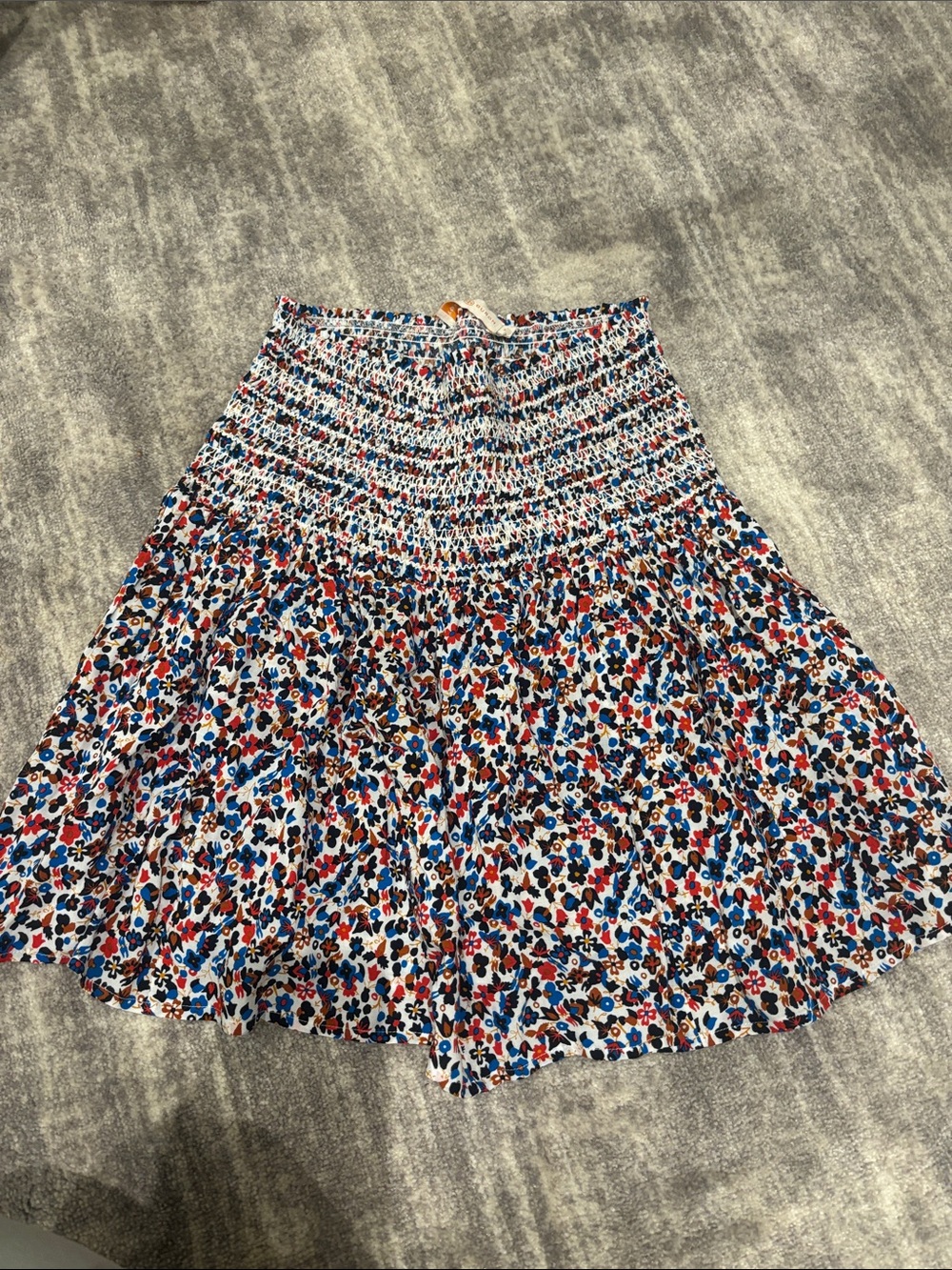 Tory Burch White Floral Smocked Skater Skirt with Red & Blue Accents